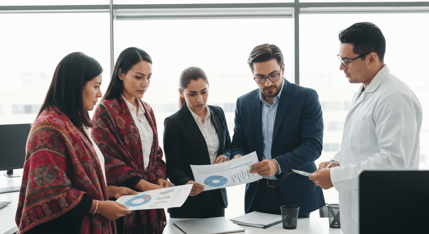 Profesionales de recursos humanos y seguridad industrial revisando gráficos de productividad y asistencia en una oficina moderna mexicana, discutiendo estrategias de salud ocupacional para reducir el absentismo laboral.