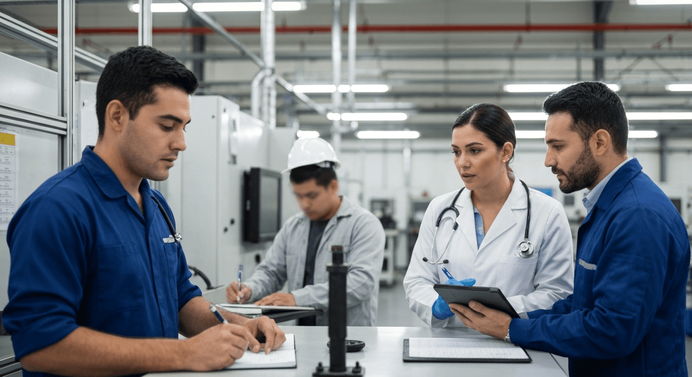 Equipo de seguridad industrial y salud ocupacional evaluando riesgos en un puesto de trabajo en una fábrica mexicana.