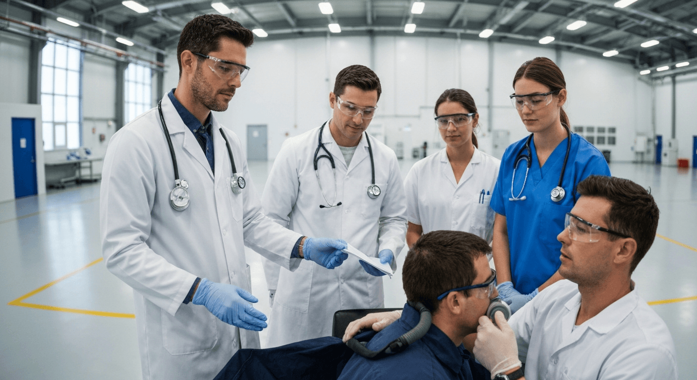 Profesionales de la salud realizando evaluaciones médicas ocupacionales específicas en un entorno industrial mexicano
