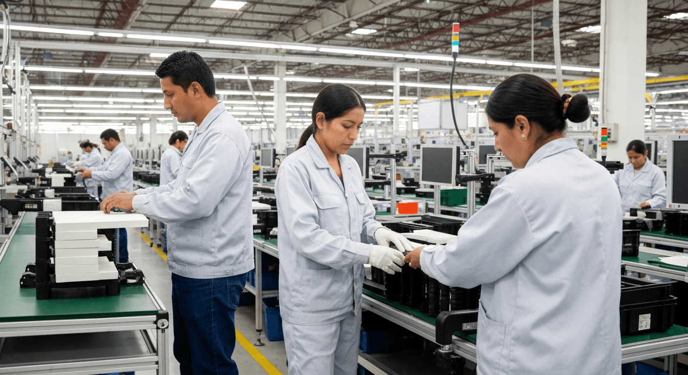 Trabajadores mexicanos en una línea de producción realizando tareas repetitivas, destacando la importancia de la ergonomía en el entorno laboral.
