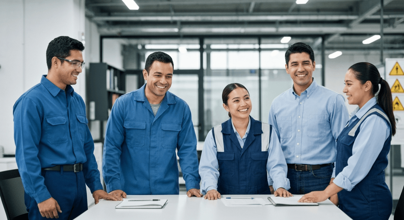 Equipo de trabajo mexicano colaborando en un entorno industrial moderno, simbolizando la inversión en salud ocupacional.