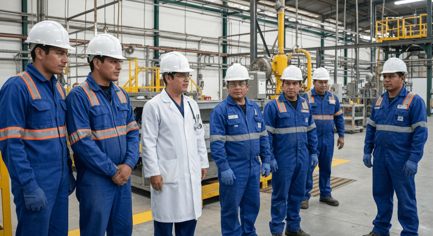 Profesionales de salud ocupacional realizando chequeo médico en ambiente industrial mexicano.