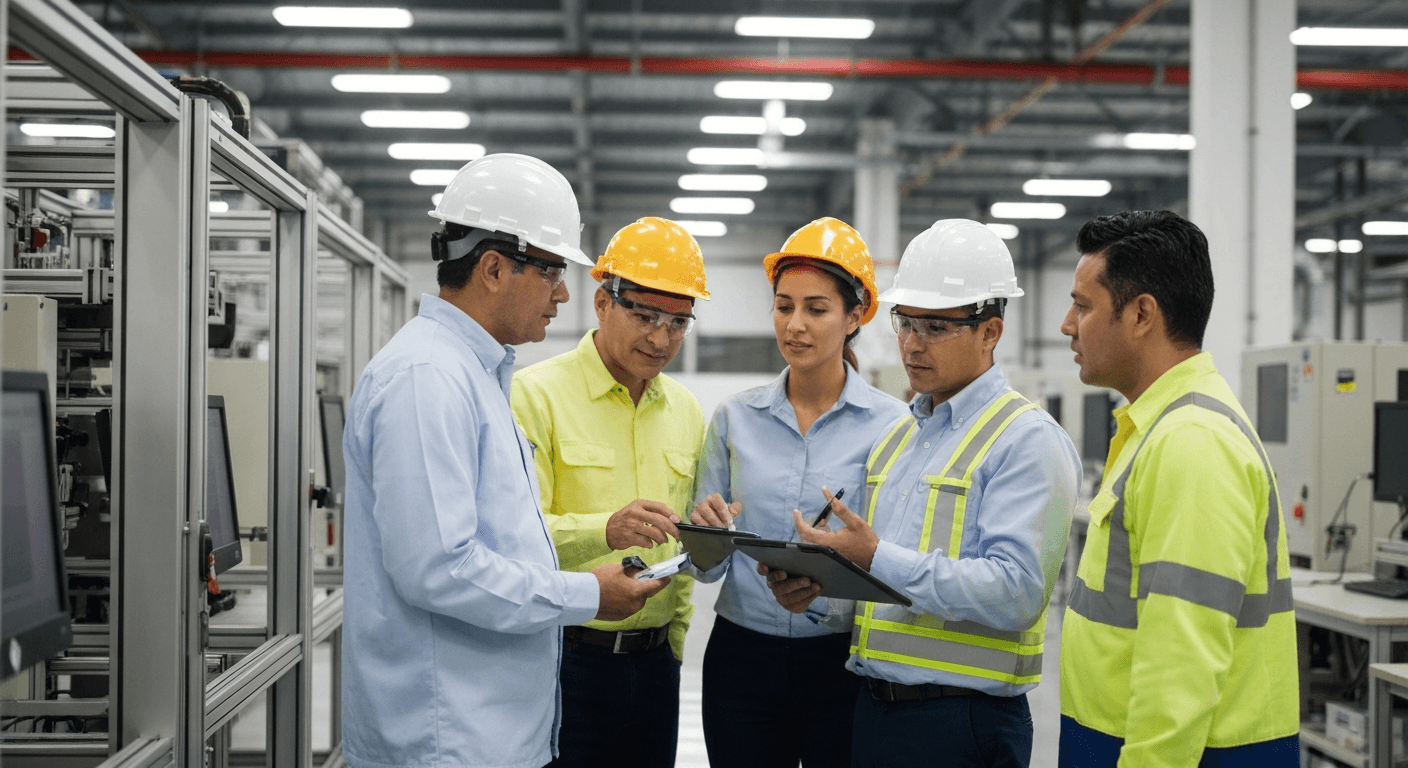 Equipo de profesionales de seguridad industrial identificando peligros y riesgos en una planta de manufactura en México