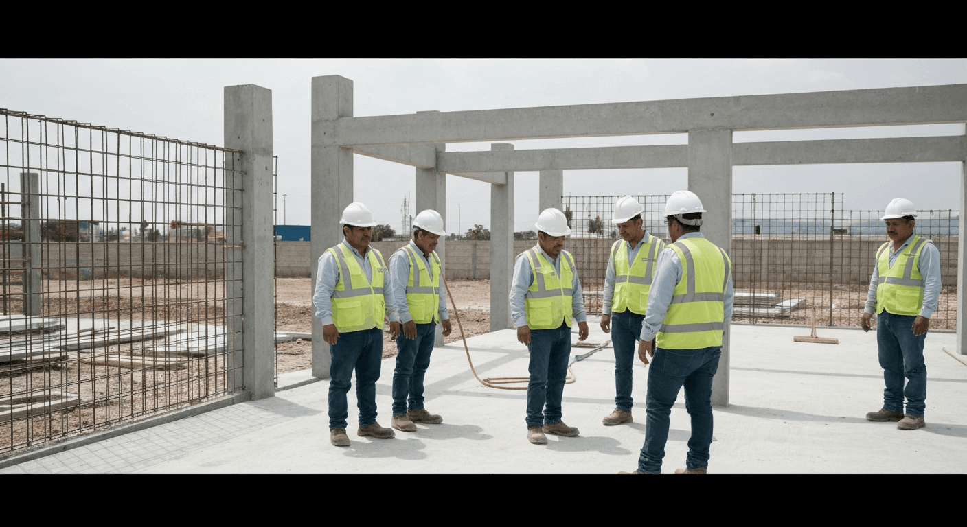Equipo de trabajo mexicano colaborando de forma segura en una planta industrial, previniendo riesgos de trabajo.