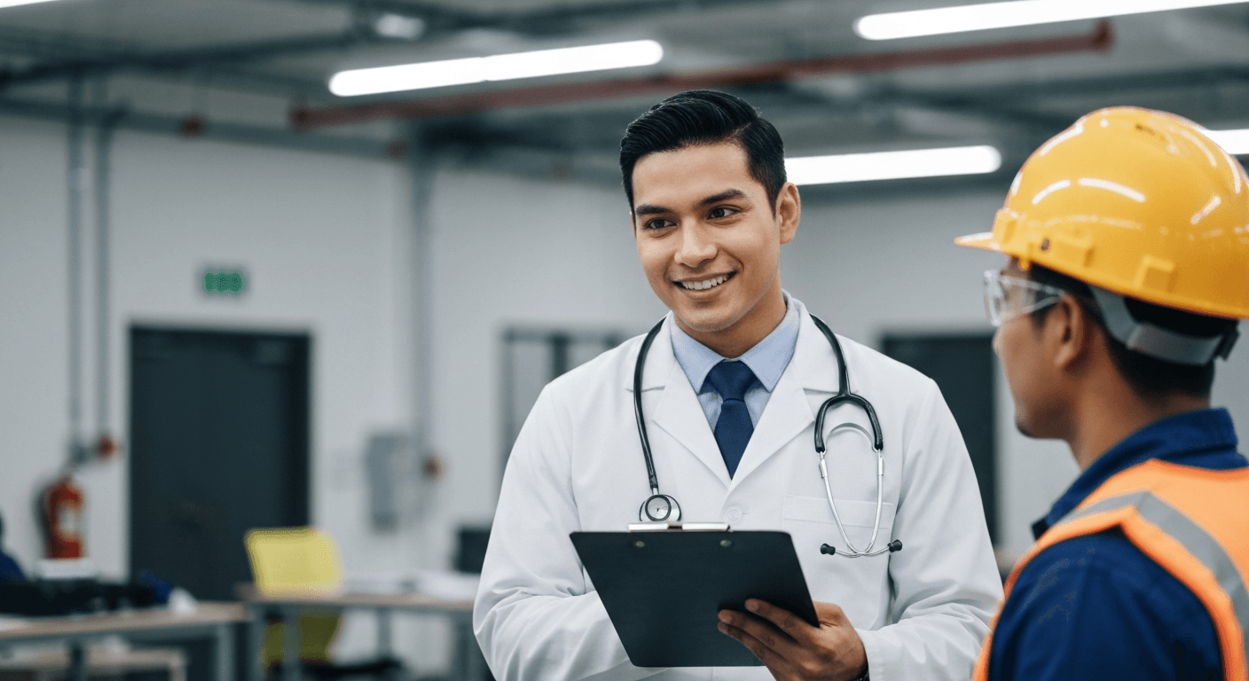 Médico ocupacional examinando a un trabajador en un entorno industrial mexicano