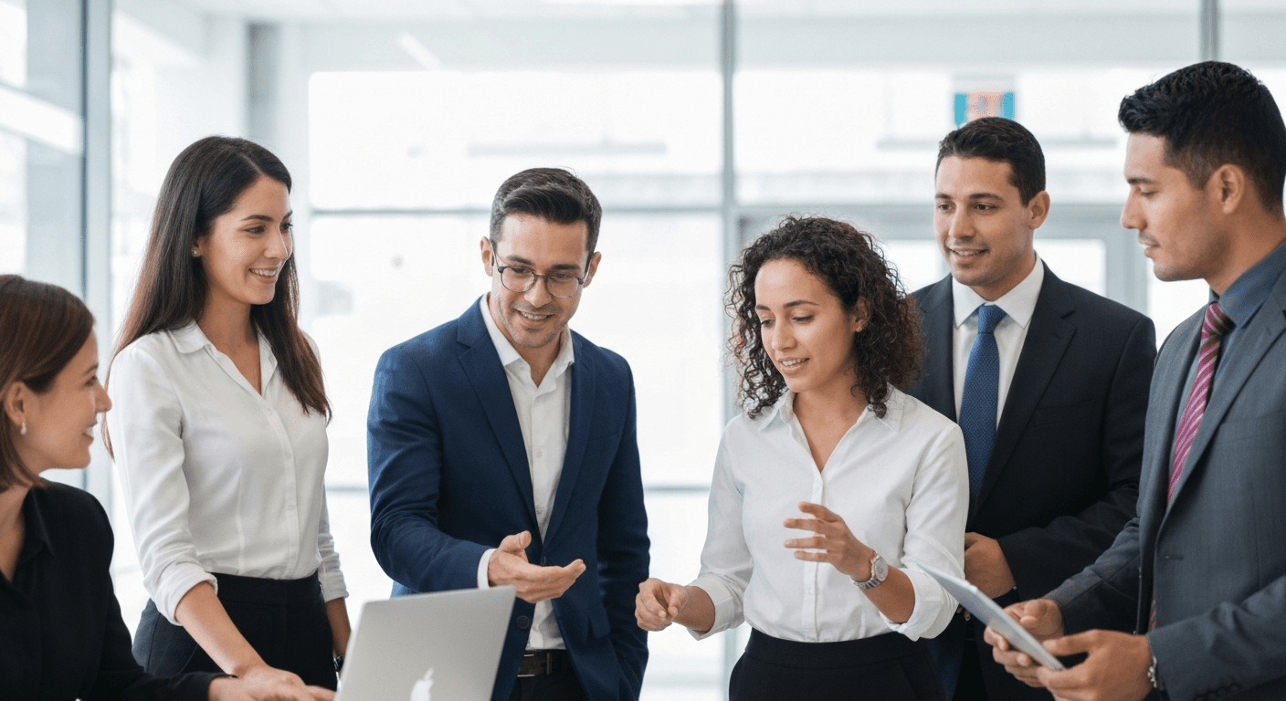 Profesionales de recursos humanos y líderes empresariales colaborando para implementar programas de bienestar y salud mental en una oficina moderna en México.