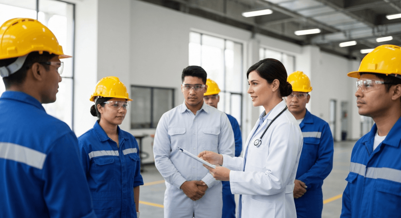 Profesional de salud ocupacional mexicano interactuando con empleados en un entorno industrial moderno, simbolizando el servicio de salud en el trabajo.