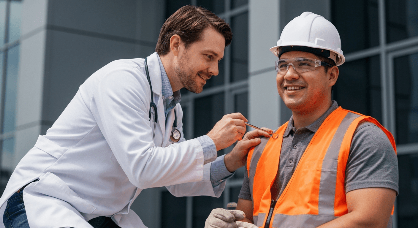 Profesional de salud ocupacional realizando un chequeo médico a un trabajador industrial en México, representando la vigilancia médica ocupacional.