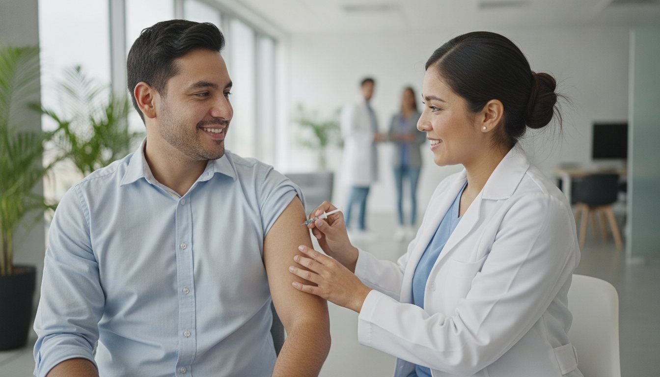 Enfermera de SEMSA aplicando una vacuna a un colaborador en una jornada de salud