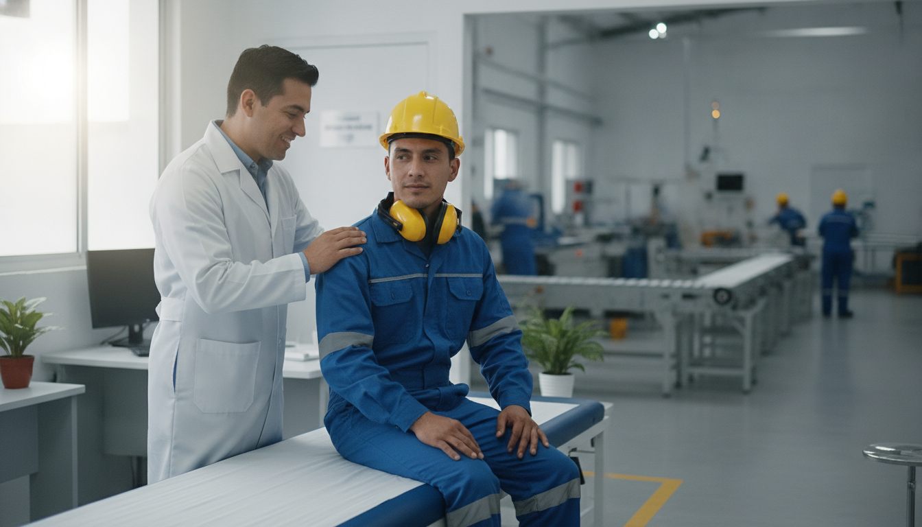 Médica de SEMSA revisando a un trabajador industrial dentro de una planta
